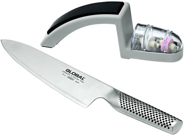 Global 20cm Cooks Knife and Sharpener 2 Piece Starter Set